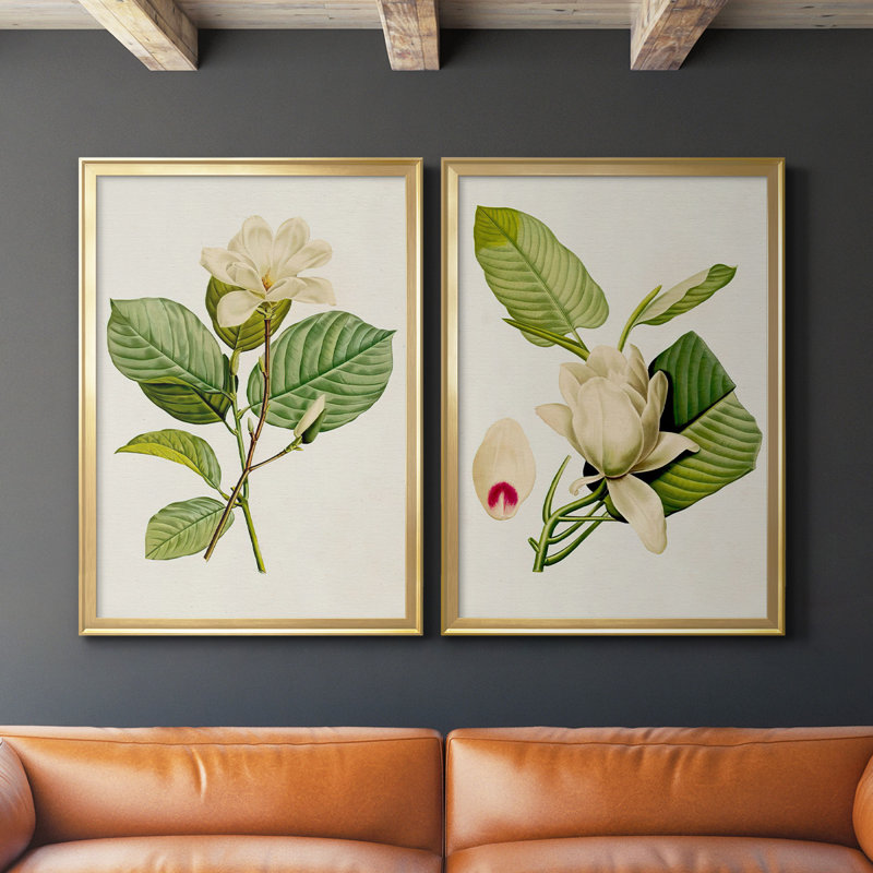 «Magnolia Flowers I», ensemble de 2 reproductions d'art sur toile encadrées, Or, H 24,5 po x l 37 po x P 1,25 po