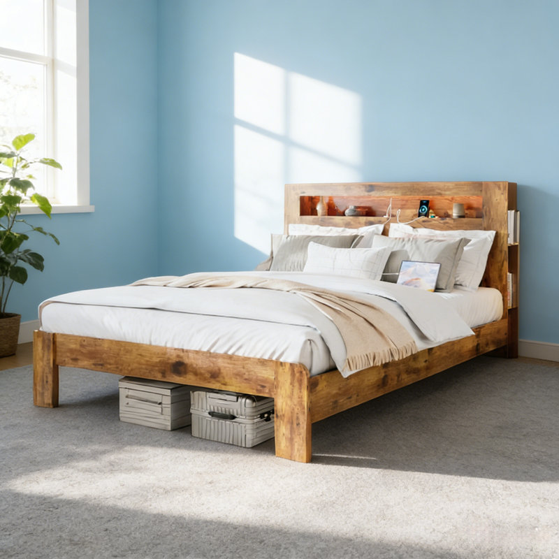 Structure de lit plateforme en bois avec tête de lit à DEL avec rangement et 2 ports USB, silencieux, sans sommier, Brun