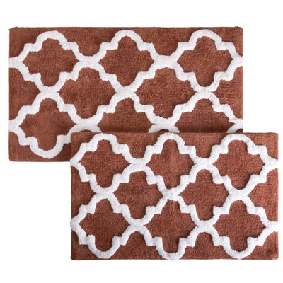 Lavish Home 2 Piece Bathroom Rug Set - 41x24.5 Inch and 34x21 Inch 100% Cotton Bath Mats with Textured Trellis Print for Elegant Bathroom Decor - Bath Rugs Non Slip Washable Bathmats