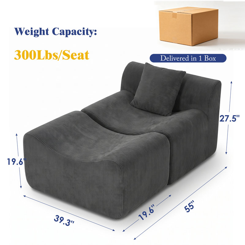 Boneless Corduroy Chaise Lounge, Modern Comfy Cloud Sofa Chair with Pillow