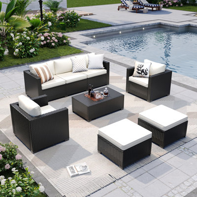 Ensemble de meubles de patio 6 pièces, canapé modulaire d'extérieur en rotin avec épais coussins imperméables, repose-pieds en osier et housse imperméable, ensemble de conversation pour le jardin