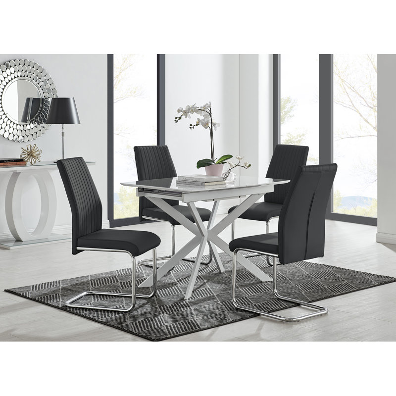 Eubanks Modern High Gloss Extendable Dining Table Set with x4 Luxury Faux Leather Dining Chairs, Black