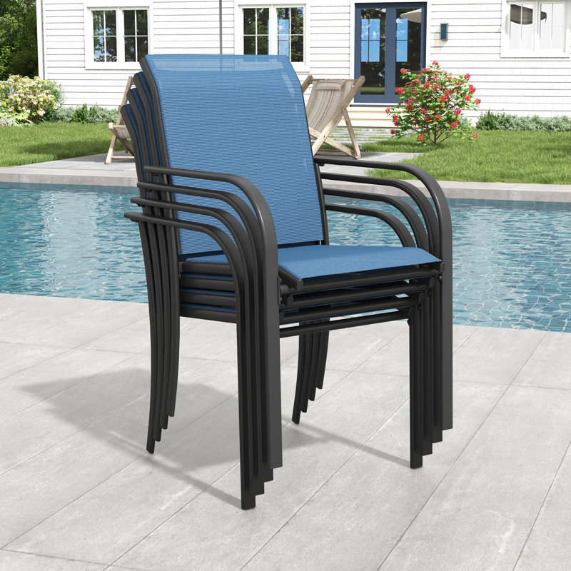 Ensemble de 6 chaises de patio d'extérieur empilables, Bleu et noir