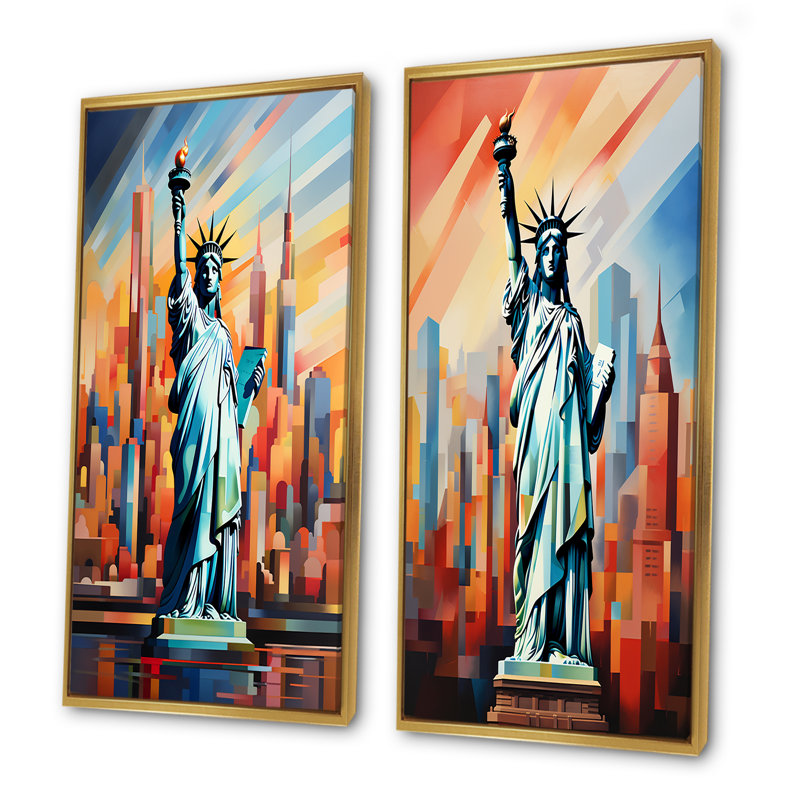 Cubiste, statue de la liberté, NYC I - ensemble de 2 reproductions d'art de New York Monuments, Encadrement doré