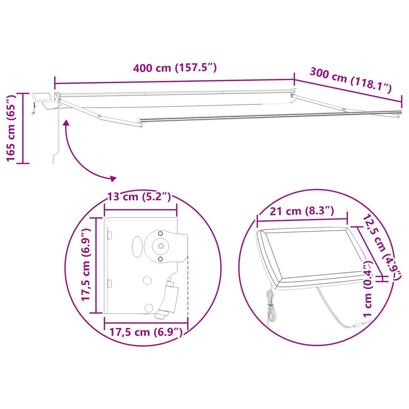 VidaXL Polyester Cover Retractable Patio Awning, Green/White, 400cm W x 300cm D