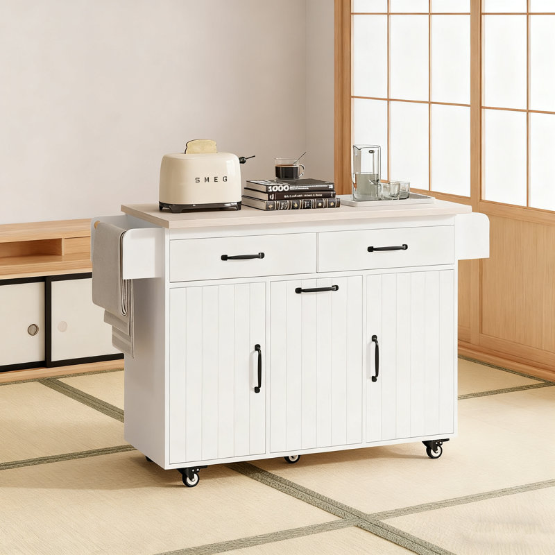 Multipurpose Rolling Kitchen Island - Tilt-Out Trash Can, Drop Leaf, Spice/Towel Racks, Drawers, Adjustable Shelves (51.06"X20.55"X35.04")，White