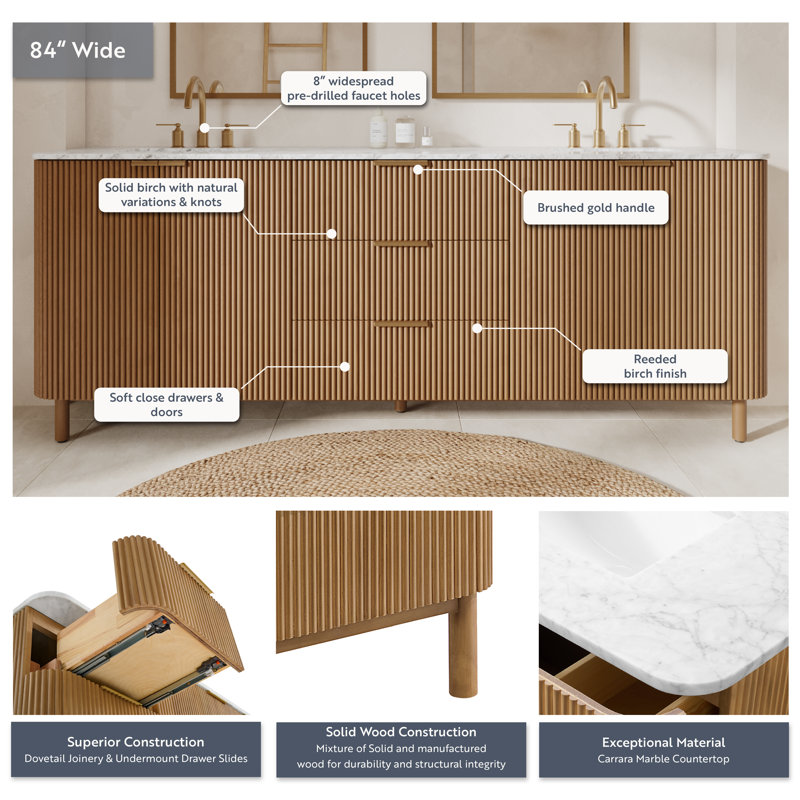 Kensington Double Bathroom Vanity Reeded Birch, 84"