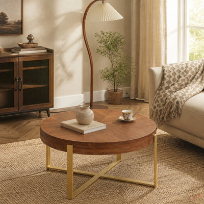 Table basse 33,8 po d'épaisseur rétro moderne avec plateau en bois de sapin et pieds croisés