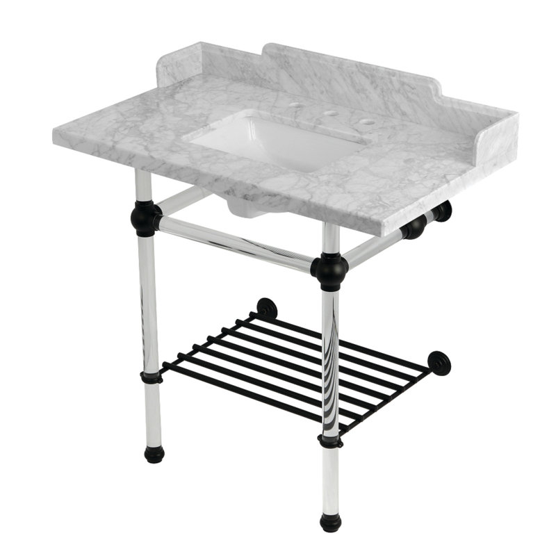 Kingston Brass Pemberton 36-Inch Carrara Marble Console Sink with Acrylic Legs and Shelf (8-Inch, 3-Hole)