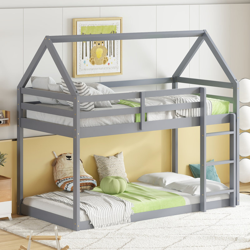 Twin Over Twin Rubber Wood Floor Bunk Bed, With Ladder,Guardrails,House-Shaped-Bunk Bed,Grey, Gray