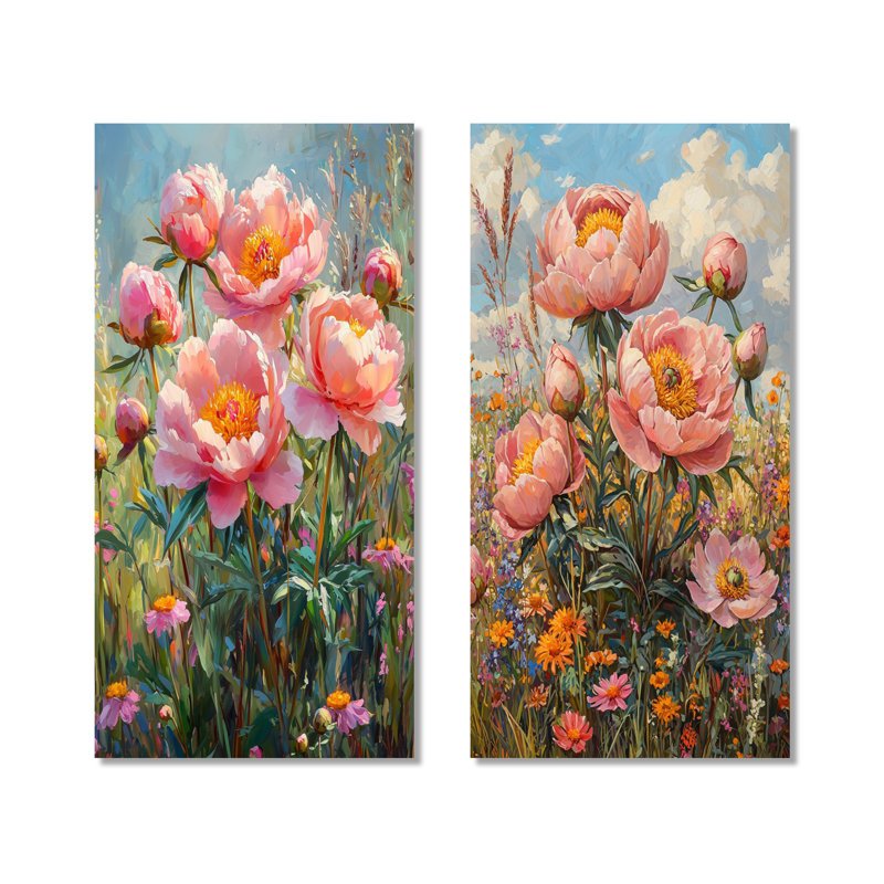 Peonies In The Wildflower Patch V - Floral Wall Art 2 Pieces, H 40 po x l 41 po, Toile tendue, Ne s’applique pas