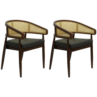 Set of 2 Curved Back Rattan Dining Chairs with Upholstered Seat- Medium Wood