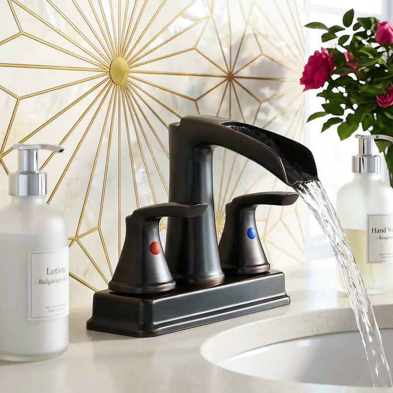 Widespread Bathroom Faucet 3-Hole, 2-Handle Waterfall Sink Faucet With 360° Swivel Spout And Drain Assembly