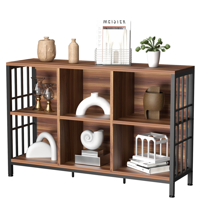 Rustic 6 Cube Storage Organizer with Shelf, Industrial Horizontal Bookshelf ,  Low Cubby Bookcase with  Shelves, Short Wide Book Case for Living Room ,Office,Apartment,