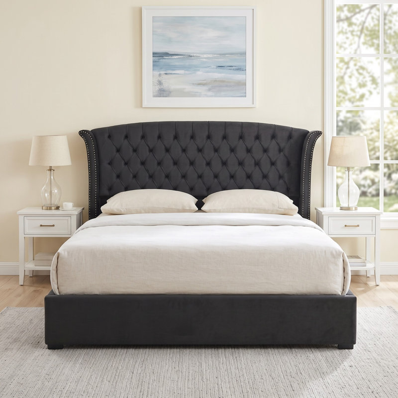 57.48" High Bed Frame with 2 Storage Drawers, Upholstered Velvet Headboard Platform Bed, Wingback Headboard, Button Tufted Bed, Metal Frame & Sprung Slats Support, No Box Spring Needed, Easy Assembly