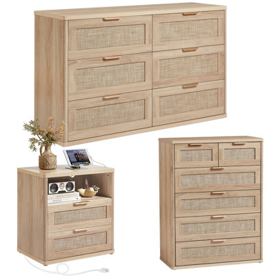 Rattan Dresser and Nightstand Set of 3, Boho Wood, 48" 6-Drawer Dresser, 42" Tall Dresser, 23" 2-Drawer Nightstand with Charging Station