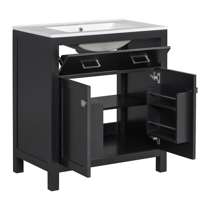 Meuble-lavabo de 76 cm avec lavabo en céramique, armoire noire moderne, 2 portes et étagère en forme de U pour un rangement pratique du lavabo, armoire à 2 portes, fermeture douce et silencieuse.