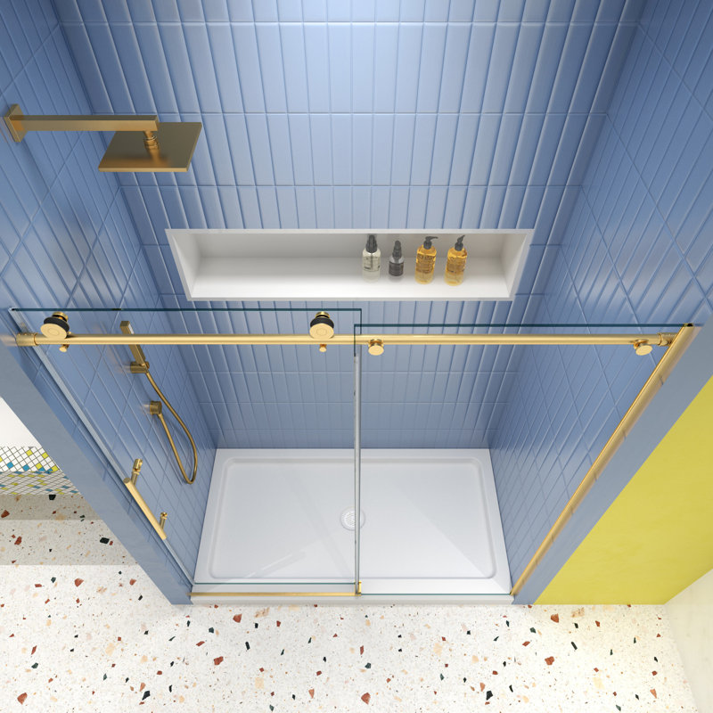 Porte coulissante pour douche - Verre trempé 5/16 po, finition or brossé, résistance aux fuites, 56-60 po x 74 36 000 fois testé, or