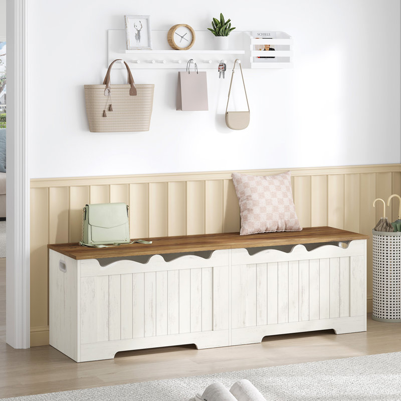 Coffre de rangement 59 po, coffre de rangement avec 2 charnières, coffre en bois, organisateur de coffre à plateau relevable, banc à chaussures pour entrée, chambre à coucher, salon, blanc / brun