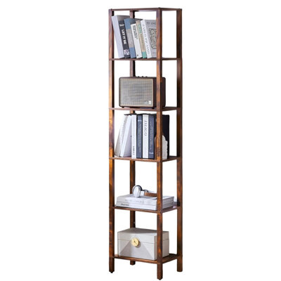 Petite bibliothèque étroite à 6 niveaux, étagère à livres Skinny pour petits espaces, étagère de ferme mince avec rangement, étagères en bois autoportantes minces, brun