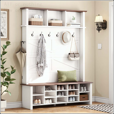 4-in-1 Farmhouse Hall Tree with 16 Shoe Compartments and Adjustable Shelves