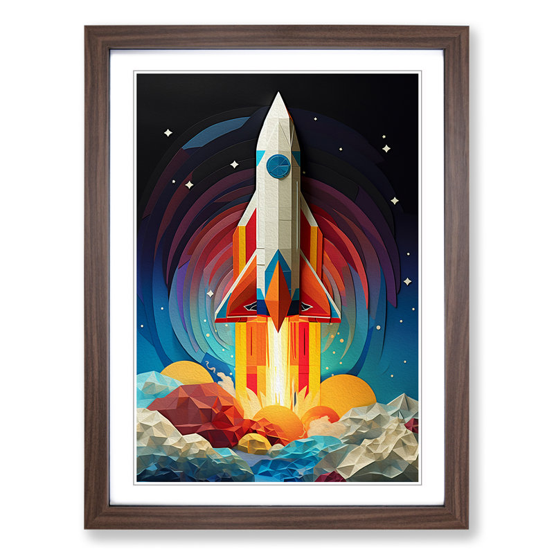 Rocket Geometric No.2 - Single Picture Frame Print on Wood, Walnut, 34cm H x 25cm W x 2cm D