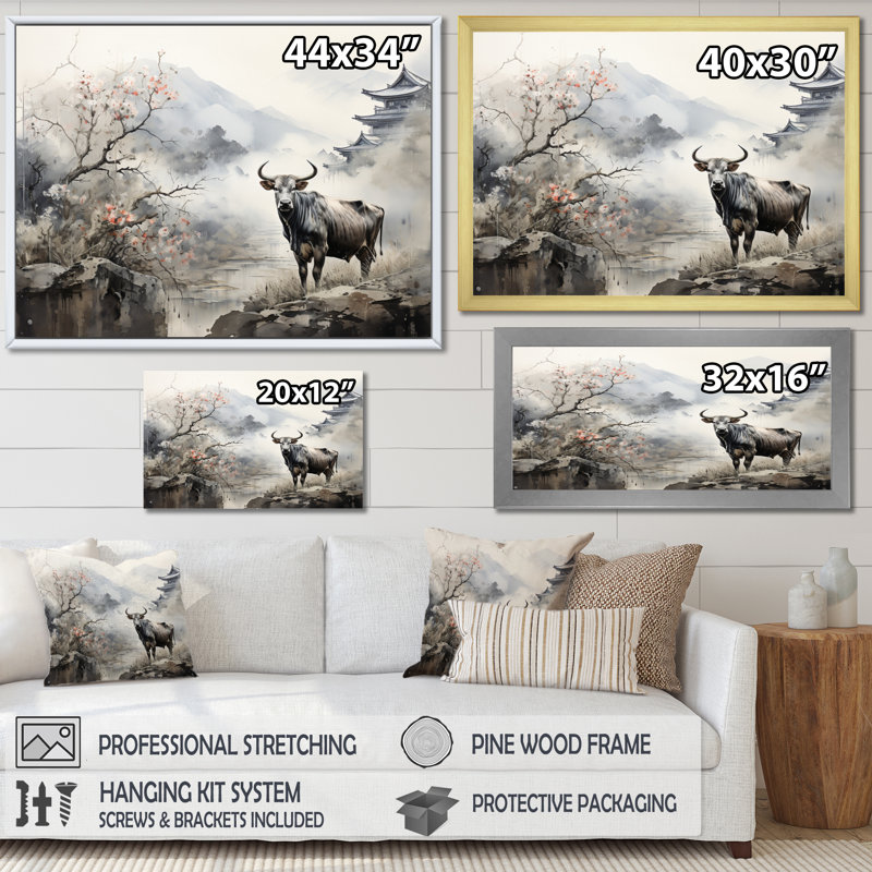 «Asian Art Cow Sumi» - reproduction d'art, H 24 po x l 32 po x P 1 po, Cadre flottant blanc