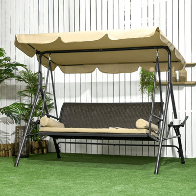 Balancelle de patio à 3 places, balançoire à baldaquin d'extérieur avec coussin amovible, coussins, abat-jour réglable et siège en rotin, pour porche, jardin, bord de piscine, cour arrière