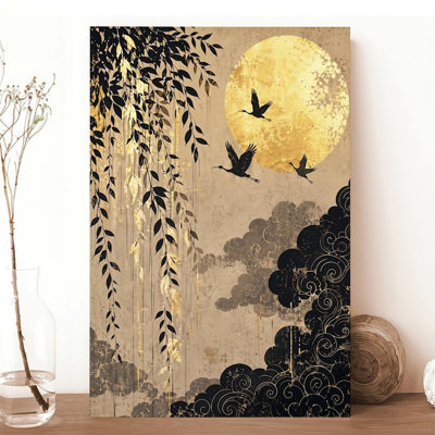 Canvas Wall Art Golden Moon Cranes Willow Tree Japanese Art Print Vintage Poster Print Home Decor