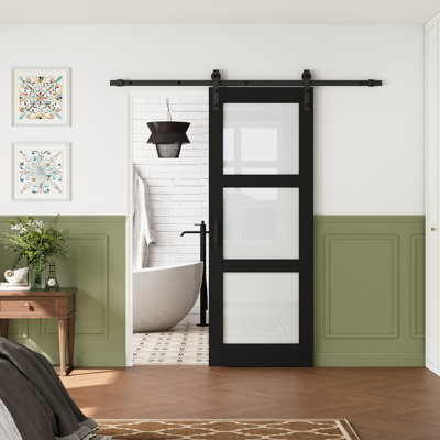 Pre-assembled Panel, 3-lite Frosted Glass Sliding Barn Door Black Finish Solid Manufactured Wood Closet Door with Installation Hardware Kit(Included Soft Close)