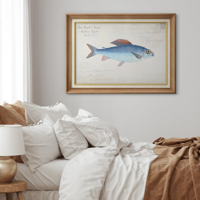 Poissons bleus rétro avec écriture française, images de salle de bain, impression sur toile encadrée sur toile.