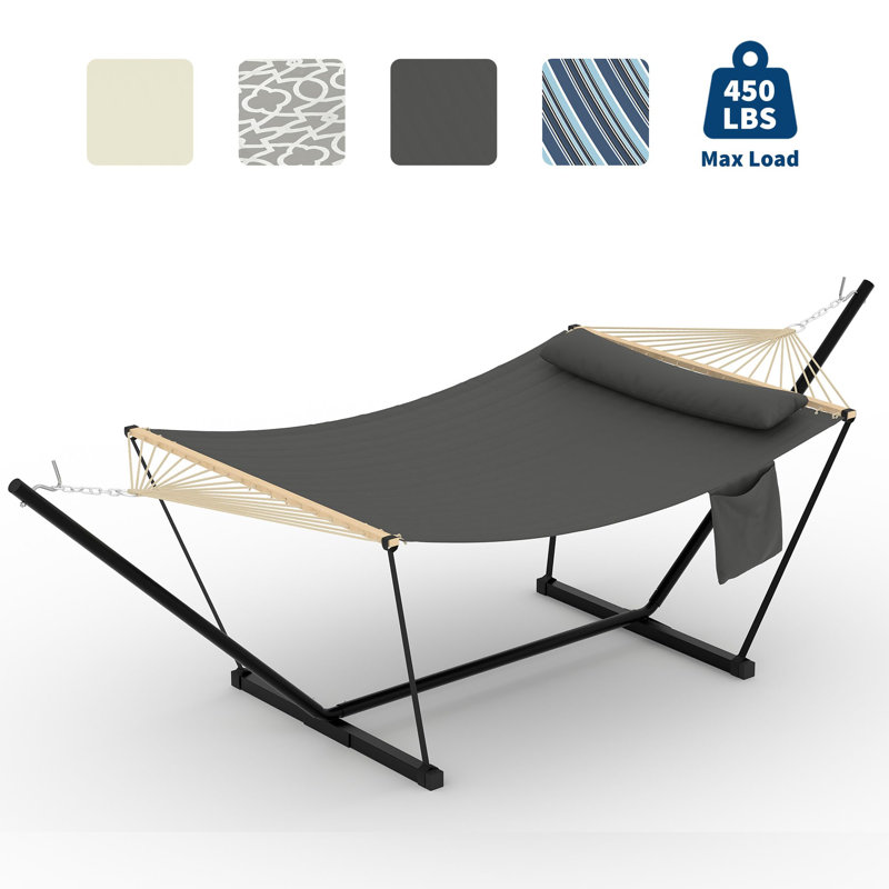 Double Hammock with Stand for Outdoor, Heavy Duty Portable 2 Person Hammock with Adjustable Steel Stand for Patio, Garden, Beach, Backyard