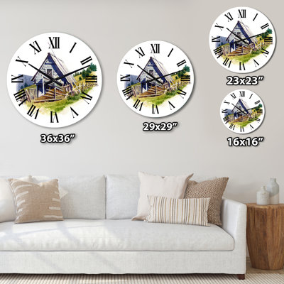 Vieille grange grise dans la campagne - horloge murale rétro