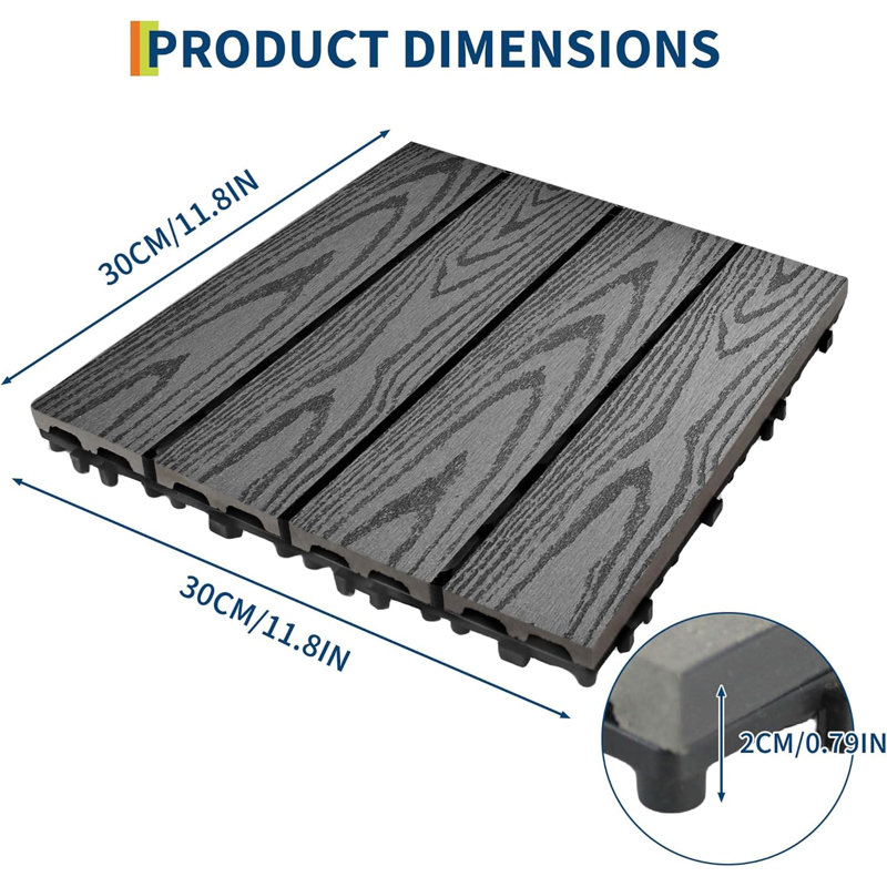 Carreaux de terrasse 12 x 12 po, composite imperméable, balcon extérieur, gris, 27 pièces