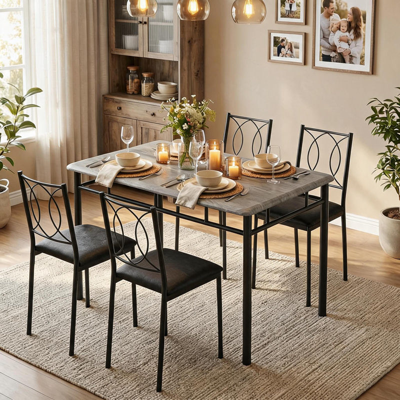 Ensemble de table et de chaises de style champêtre pour 4 personnes – Table robuste en bois et chaises rembourrées – Idéal pour les appartements et les petits espaces – Finition grise moderne