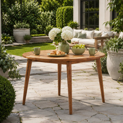 Round Teak-Finish Acacia Wood Outdoor Dining Table with Slatted Top