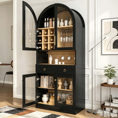 70 " Tall Arched Bar Cabinet , Mid-Century Coffee Bar Cabinet with an Adjustable Shelf & 5 Hooks, 9 Wine Racks, 3 Glass Holder,Tempered Glass Doors