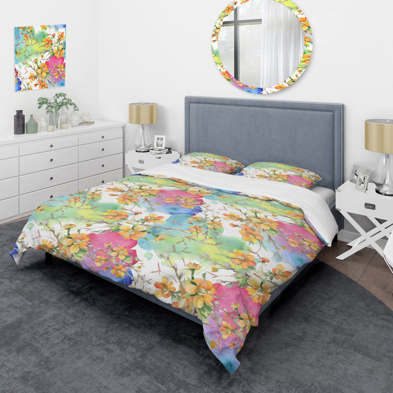 Multicolor Botanical Flowers I - Ensemble de housse de couette floral - Polyester microfibre