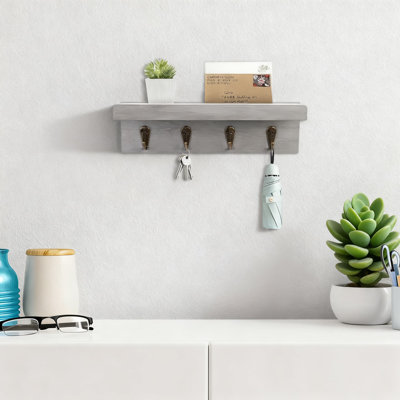 Farmhouse Wall Key Holder With 4 Hooks, Wooden Entryway Shelf And Mail Organizer, Rustic Wall Mounted Key Rack For Home Organization