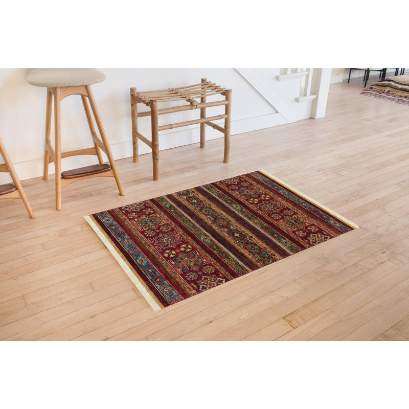 Tapis rouge / bleu en laine noué à la main 3 pi 5 po x 4 pi 9 po Cartley Southwestern