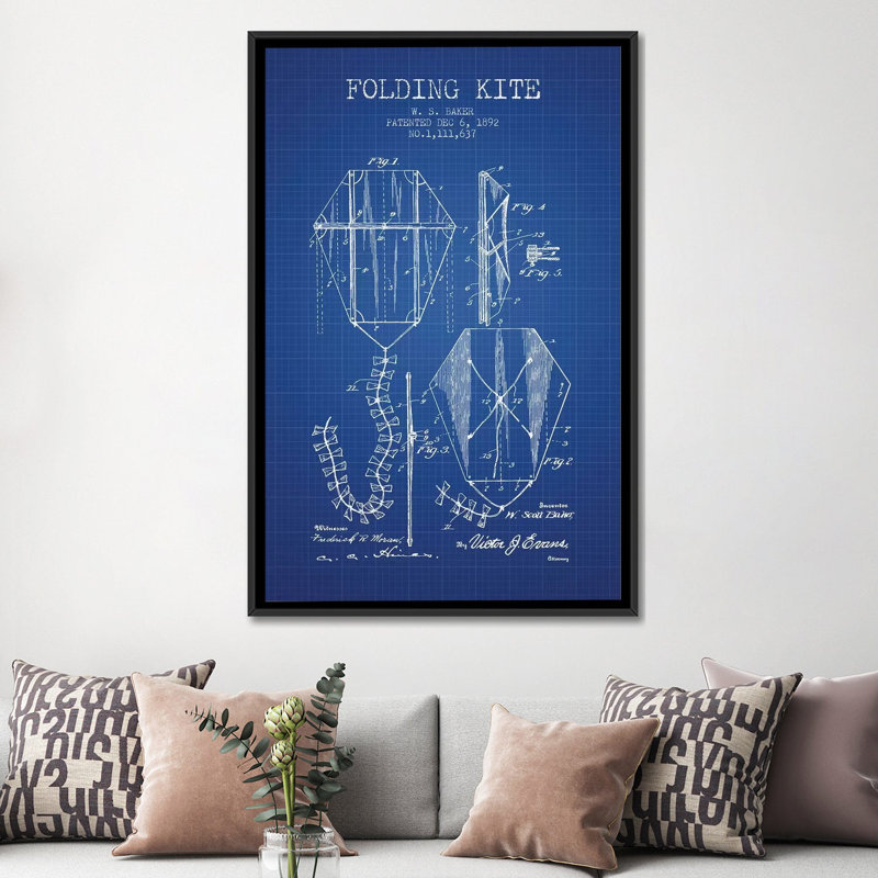 « w.s. baker fold pliant brevet », impression sur toile en grille bleue, H 60 po x l 40po x P 1,5 po, Toile avec cadre noir