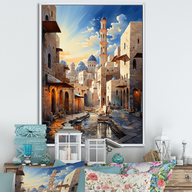 Lyonnie, l'islam, minaret hauteurs sur toile, Cadre flottant blanc, H 44 po x l 34 po x P 1,5 po