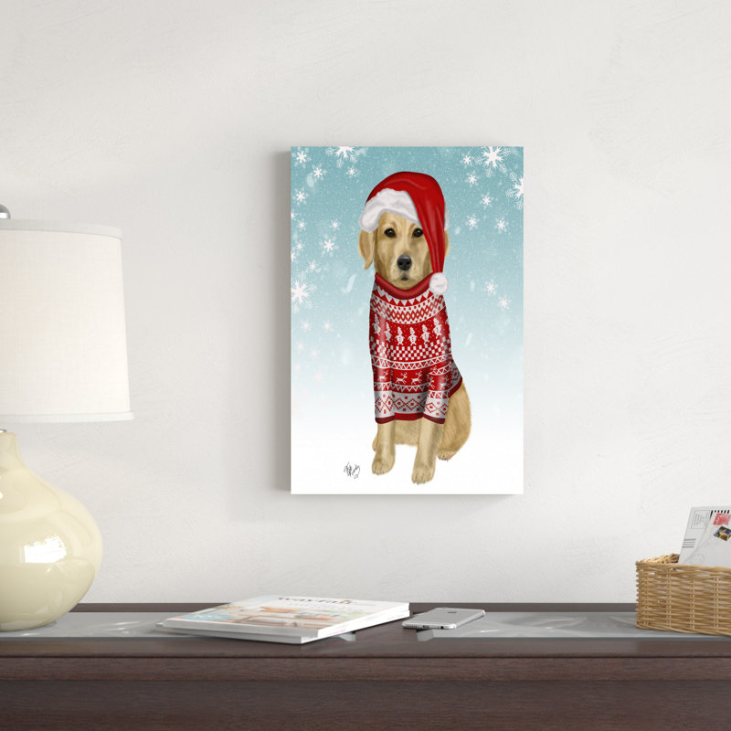 Golden Retriever In Christmas Sweater par Fab Funky - impression sur toile tendue, H 18 po x l 12 po