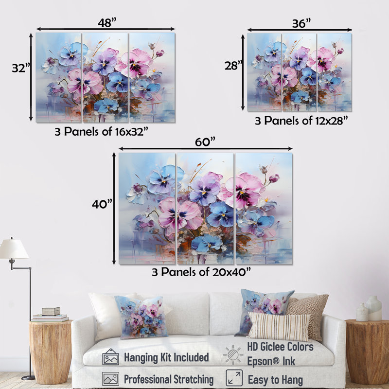 «Purple Pansies Effloresince I», ensemble d'art mural sur toile, Toile tendue, H 32 po x l 48 po x P 1 po