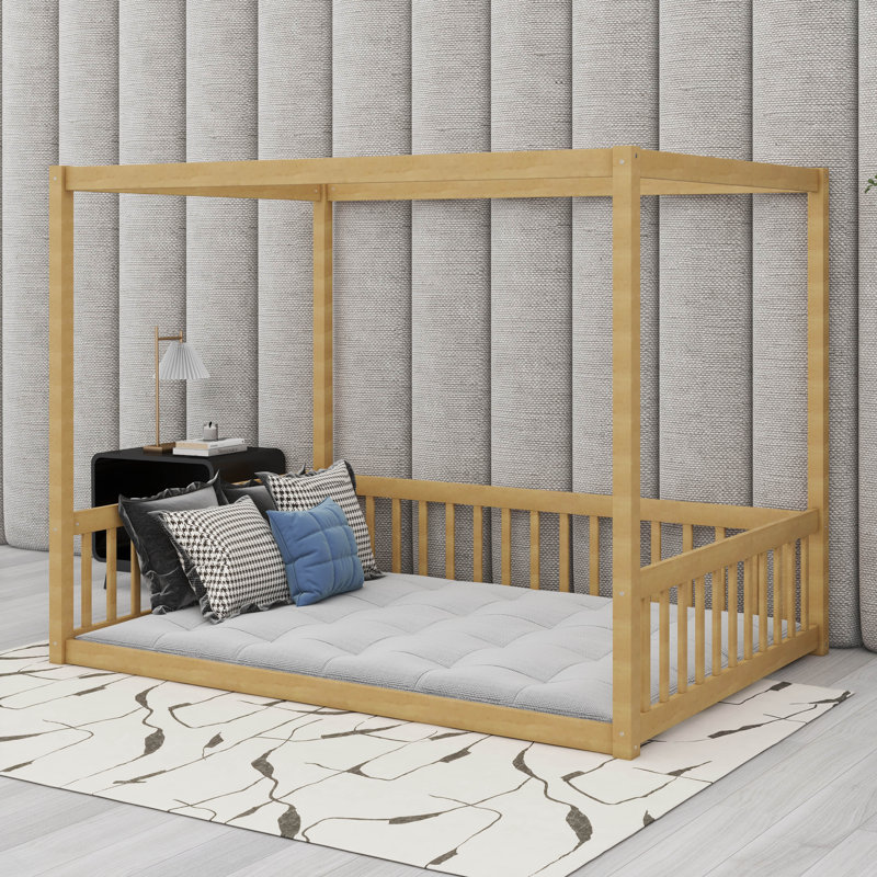 Lit double en bois d'hévéa avec clôture, Naturel