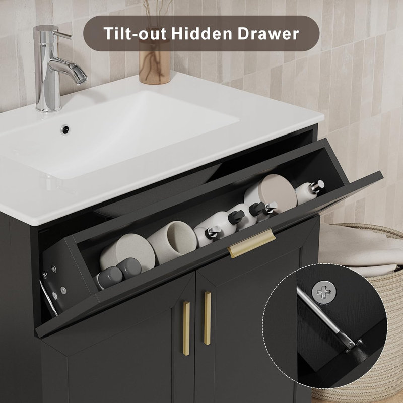 Frausto 30 Inch Bathroom Vanity With Ceramic Sink, Bathroom Sink And Cabinet Combo Set, Wood Vanity With Hidden Storage