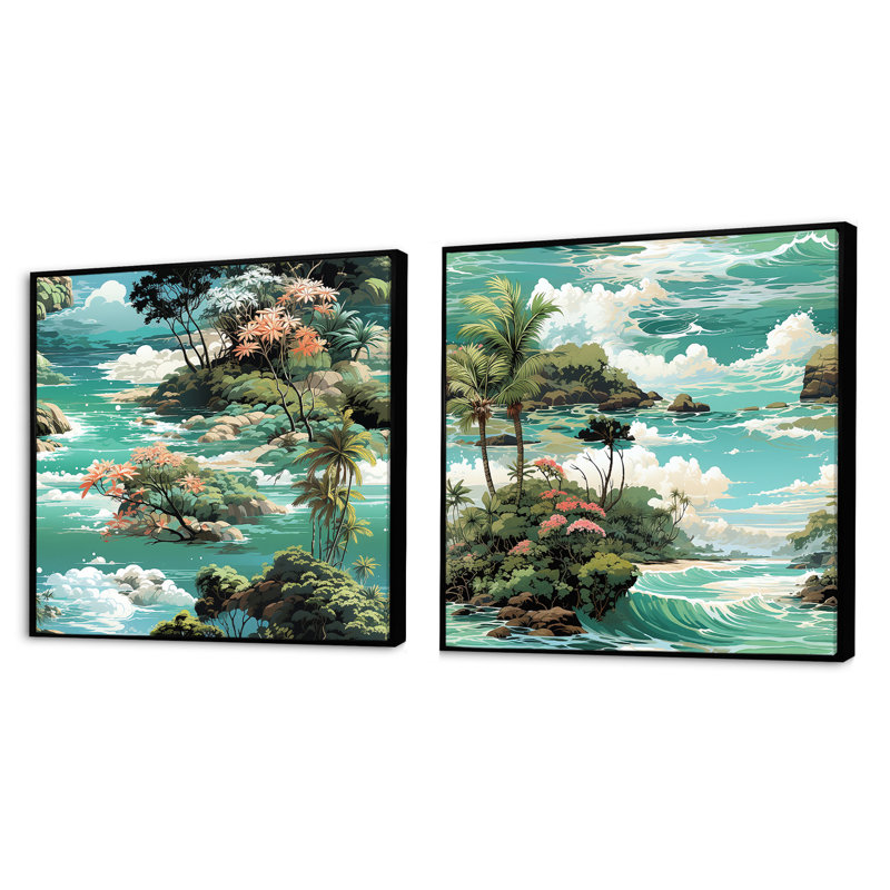 Mamora - Ensemble de 2 collages floraux carrés, Cadre flottant noir, H 36 po x l 73 po