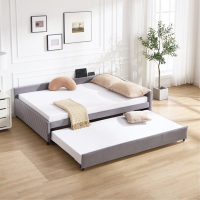 Upholstered Daybed with Trundle, Grey Diamond Tufted Design, Heavy-Duty Wooden Frame for Bedroom Guest Room