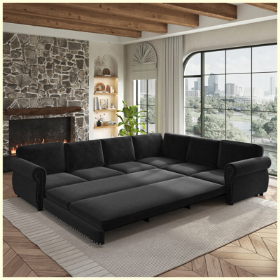 118" L-Shaped Convertible Sleeper Sectional Sofa with Pull-Out Bed, Nailhead Trim & Rolled Arms, Chenille Upholstered, Black