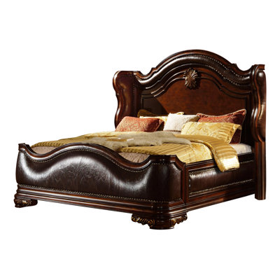 Traditional King Size Bed, Dark Walnut Finish, Upholstered Headboard, Marble Topped Bedroom Items, Three Drawers For Nightstand Style Color, Tops On , Drawer Bedside Storage
